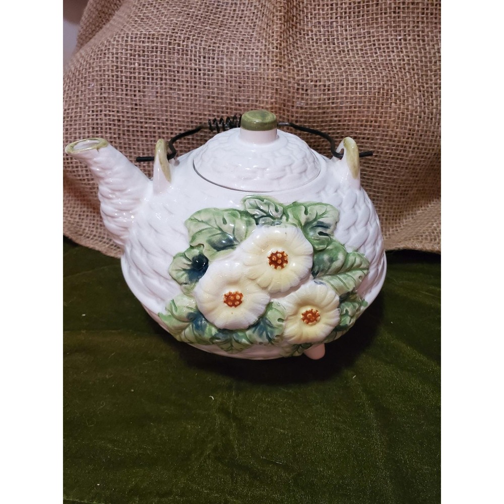 Floral Teapot Ceramic White Kitchen Decor Tea Party Cottagecore Accent Teapot
